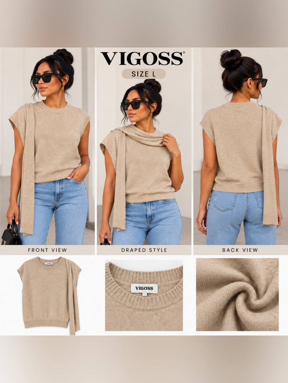 VIGOSS Women’s Size L Beige Asymmetrical Draped Knit Sweater Top NWT